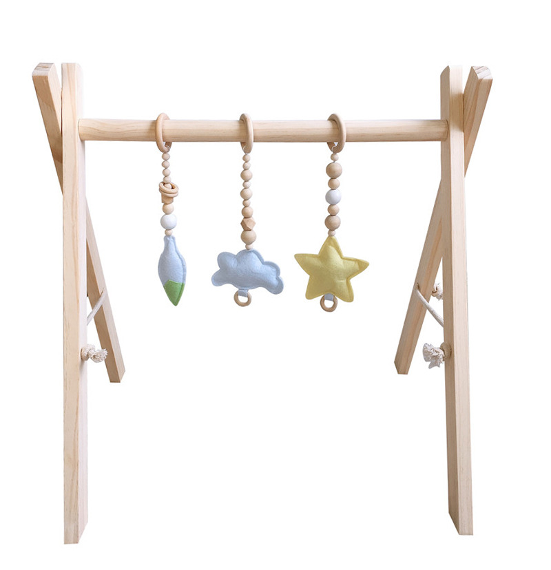 Wholesale Eco-Friendly Foldable Beech Wood Baby Play Gym with 3 Wooden Teething Rattle Toys