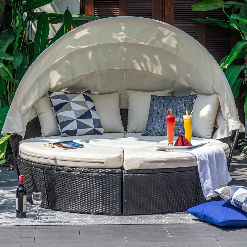 72.8'' Wide Outdoor Furniture Round Daybed with Canopy Patio Rattan Wicker cheap garden Sun Bed Lounger with shade