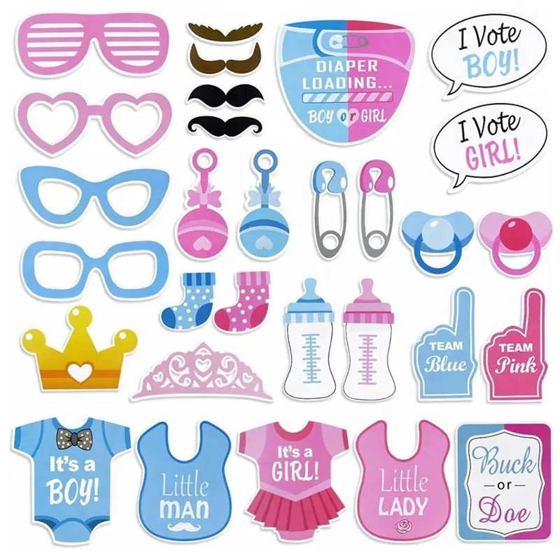 30pcs Big Size Girls Boys Baby Shower Birthday Party Gender Reveal Photo Booth Props on Sticks Set