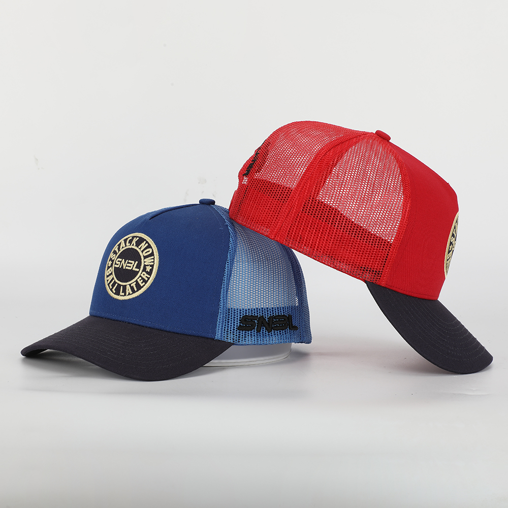 BSCI Factory Custom Classic 5 Panel Design Your Own Embroidery Patch Logo Curved Brim Two Tone Mesh Trucker Caps Hat For Men