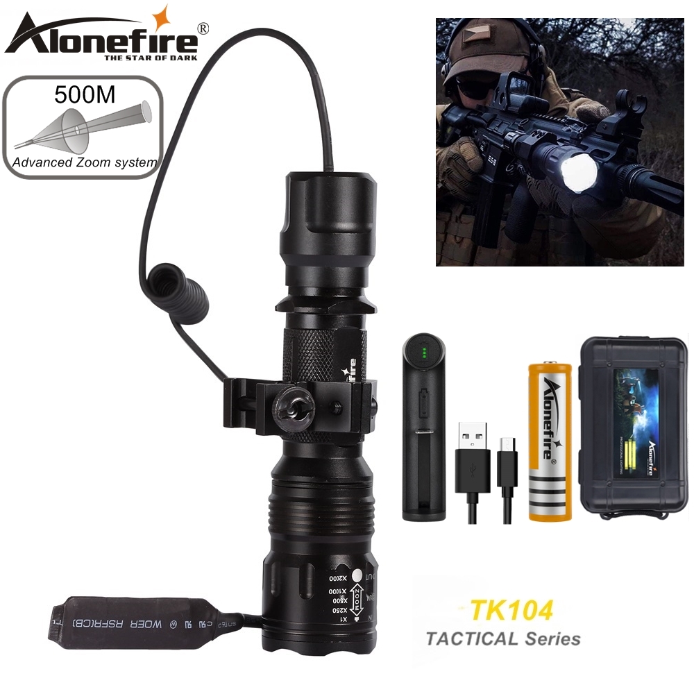 Alonefire TK104 XM-L2 светодиодный тактический фонарик с зумом, лампа 21 мм, крепление для прицела, страйкбольная винтовка, стрельба, охота, яркий фонарь