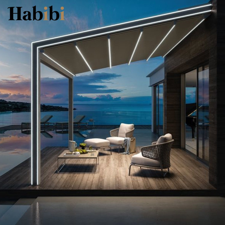 Folding Patio Motorized Awning Electric Side Blinds Restaurant Aluminum Retractable PVC Roof Pergola With Led