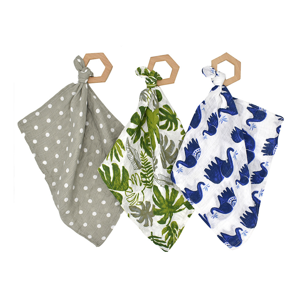 Newborn Toy Baby Beech Wood Ring Teething Ring Baby Molars Teether Pure Cotton Saliva Towels