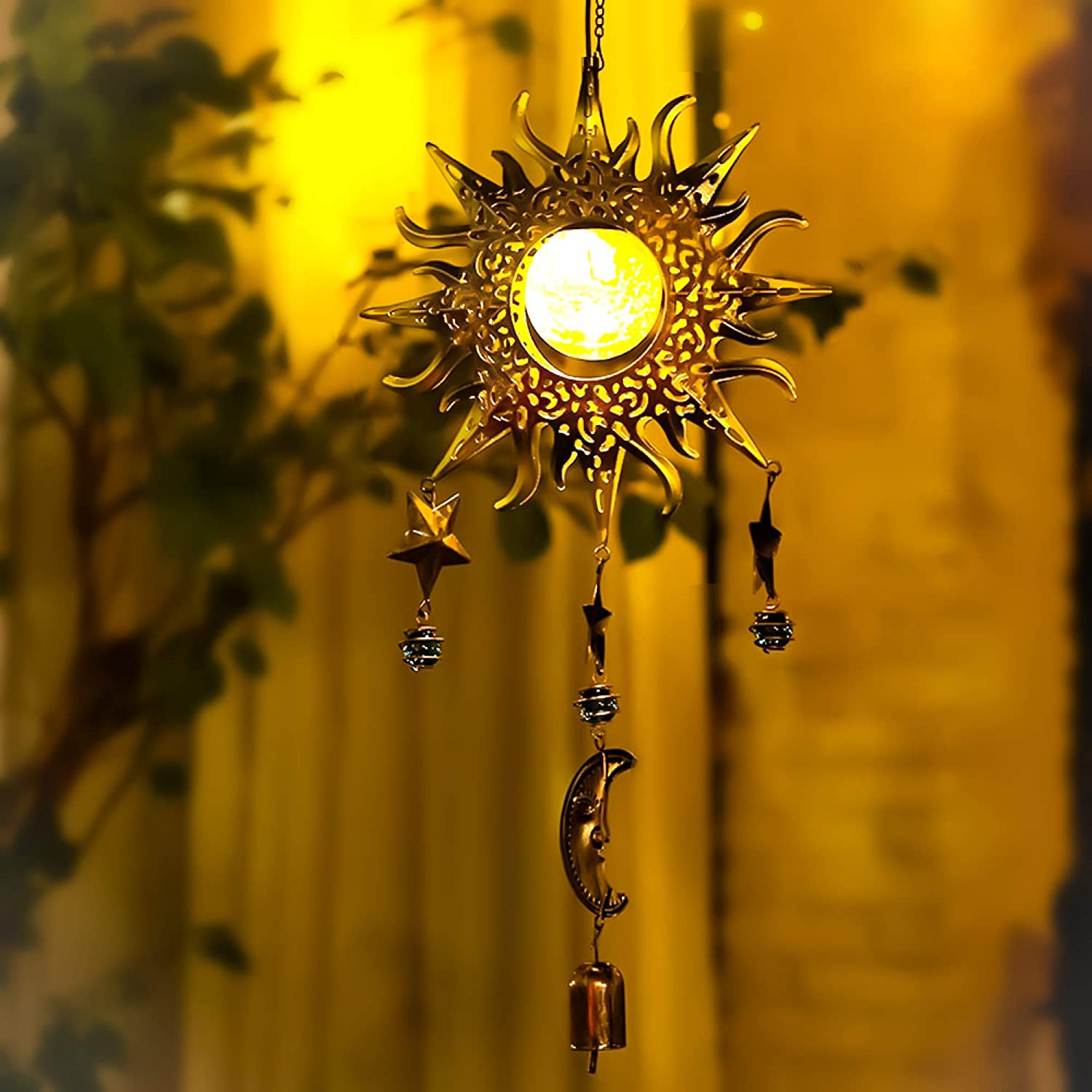 Solar Garden Lights Decoration Hanging Sun Star & Moon Decor Warm White Led Crackle Glass Globe Metal Wind Chimes Outdoor