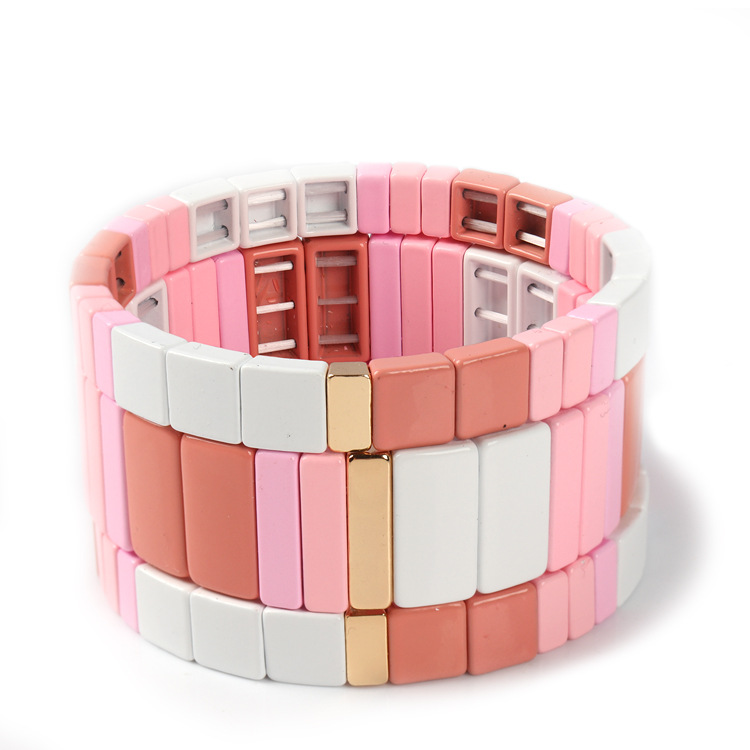 Wholesale Custom Pink Rainbow bracelet set hand rainbow Bracelets Bangles Enamel Tile Stacked Bracelets Set