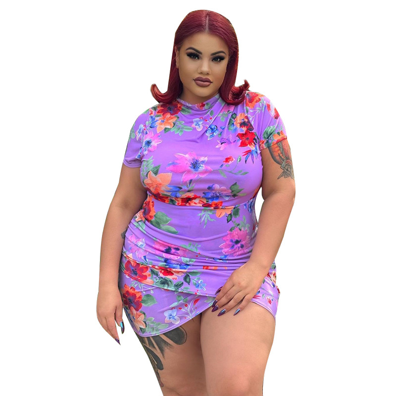2021 new arrivals summer fashionable printing tight buttocks O-neck sexy pressure plait short-sleeve plus size women short dress