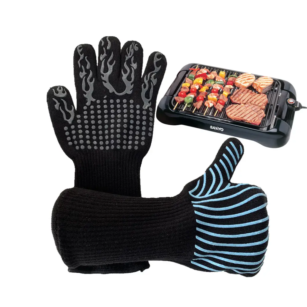 Бесплатный образец, термостойкая перчатка для барбекю, гриля, EN407, с логотипом под заказ, термостойкая очень длинная манжета, рукавицы для духовки, перчатка для гриля, для барбекю на открытом воздухе