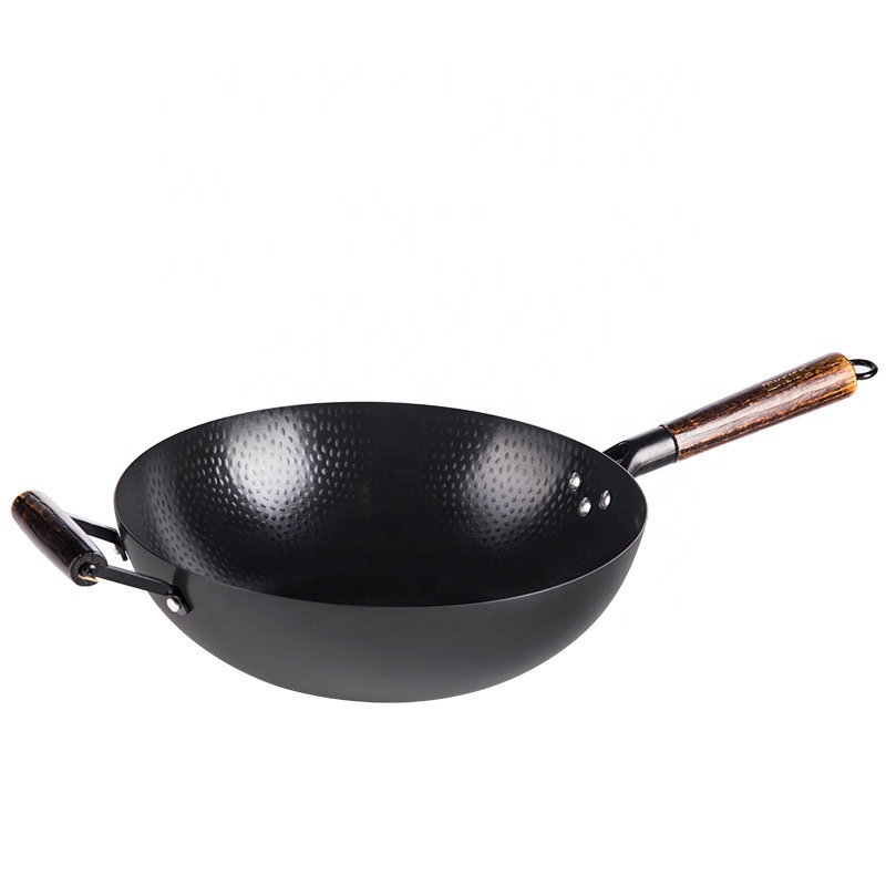 Традиционная китайская ручная углеродистая сталь Wok антипригарная с деревянной крышкой и 2 ручками для электрических, индукционных и газовых печей