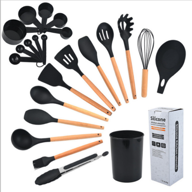 Hot Selling Kitchen Wares 15 Set Cooking Utensil, Wholesale Heat Resistant Wooden Handle Silicone Kitchen Utensils Set