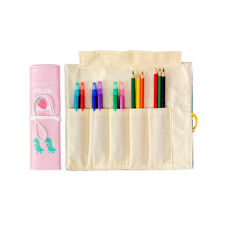 Wholesale Newest Kids Gift School Stationery Colored Leather Simple Cheap Cartoon Dinosaur Printing Roll Leather Pencil Case Bag