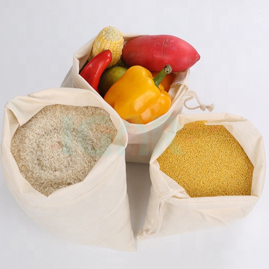 Natural cotton recyclable packaging bags for grocery shopping and storage with single drawstring 43X28CM