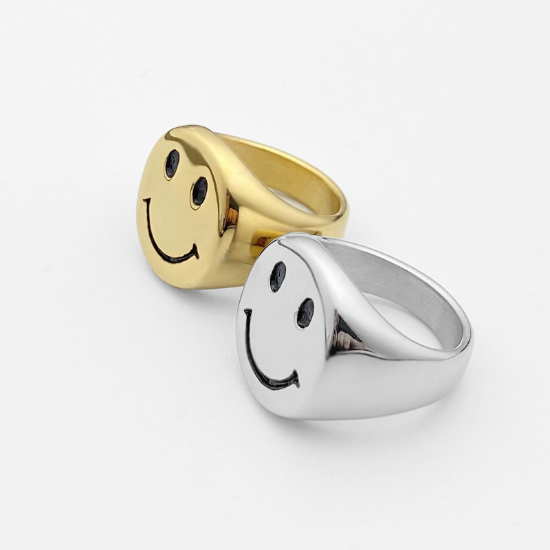 316L Stainless Steel Gold Plated Smiley Face Ring Men And Women Fashion Trendy Simple Ins Titanium Steel Signet Ring