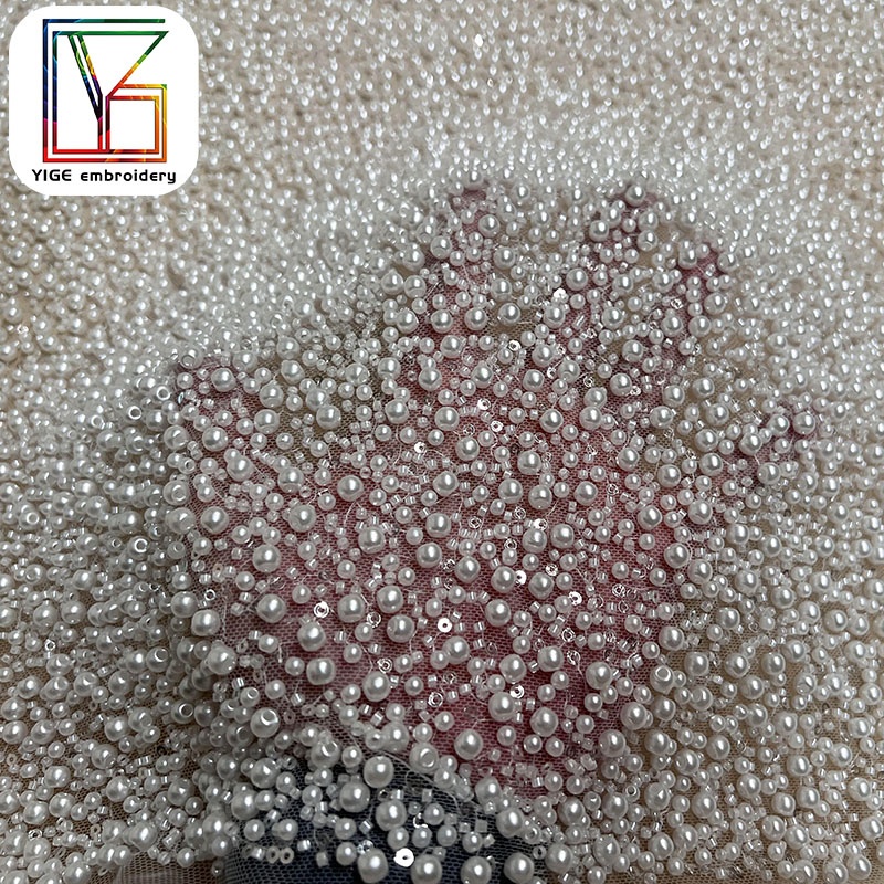 luxury white hand beaded fabric wedding tulle high density pearl lace bridal Beads sequin lace fabric
