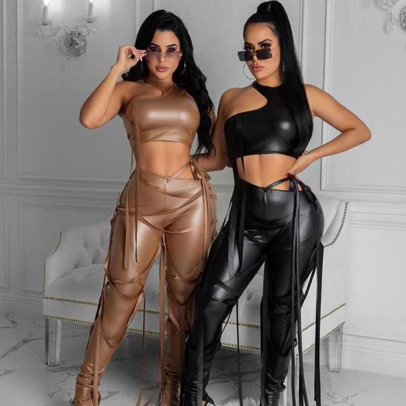2021 Spring Women PU Faux Leather Trousers Solid Color Bandage Jogger String Pants Women Leather Pants With Strings