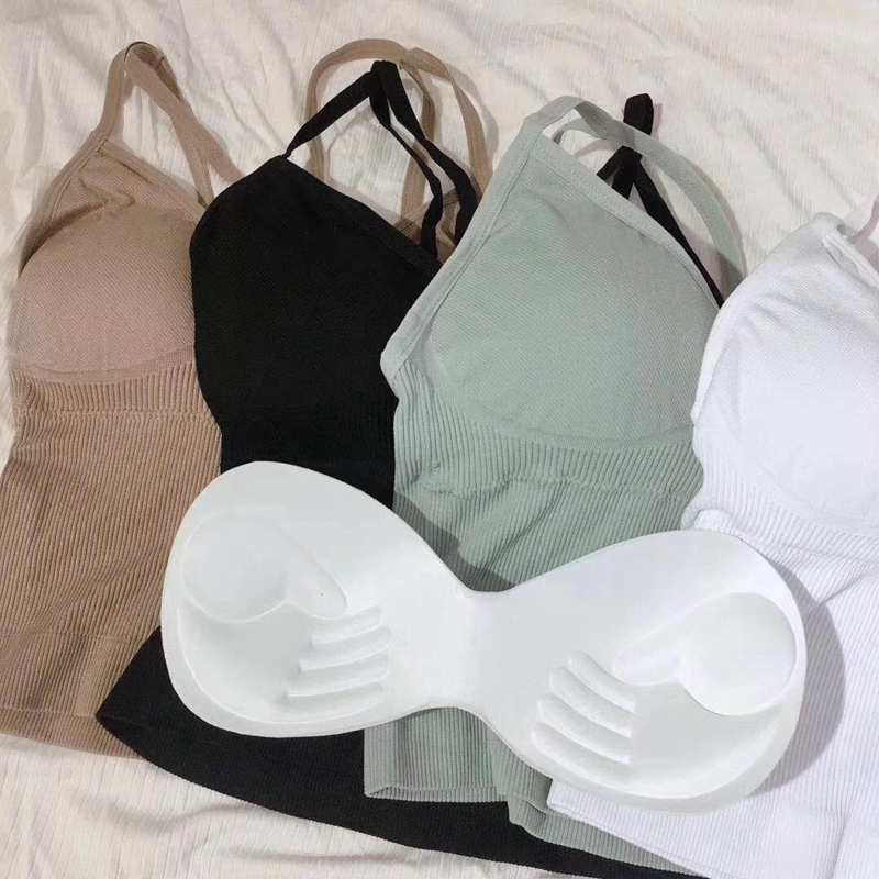Seamless Underwear Women Cross Double Straps Sexy Open Back Tube Vest Tank Top With Removable Padded