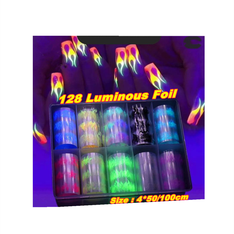 2021 Latest Hot Sale Factory Wholesale Luminous Flame Foil Glows in the Dark Nail Art Transfer Sticker Nail Foil