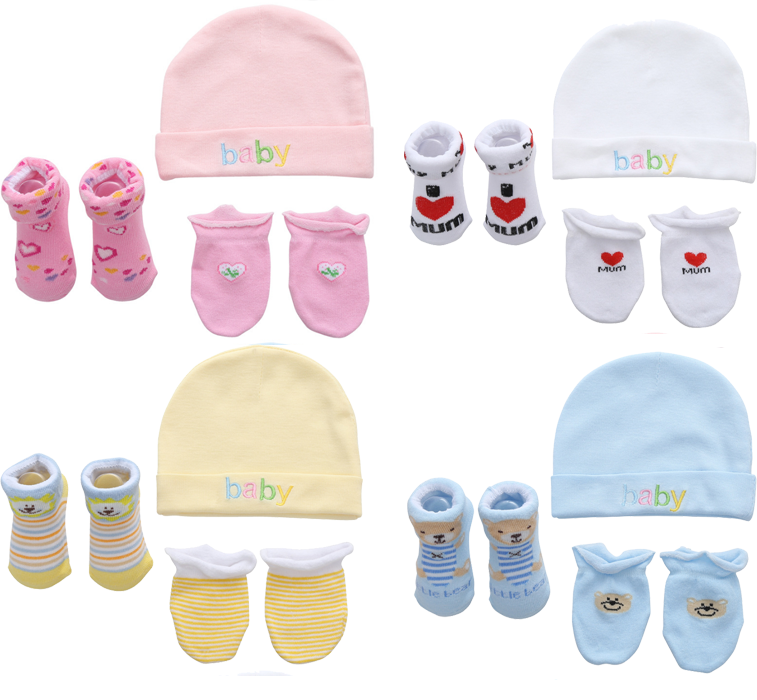 Wholesale anti scratch face knit newborn baby set with socks mittens beanie infant toddler 3pc set baby socks gloves baby caps