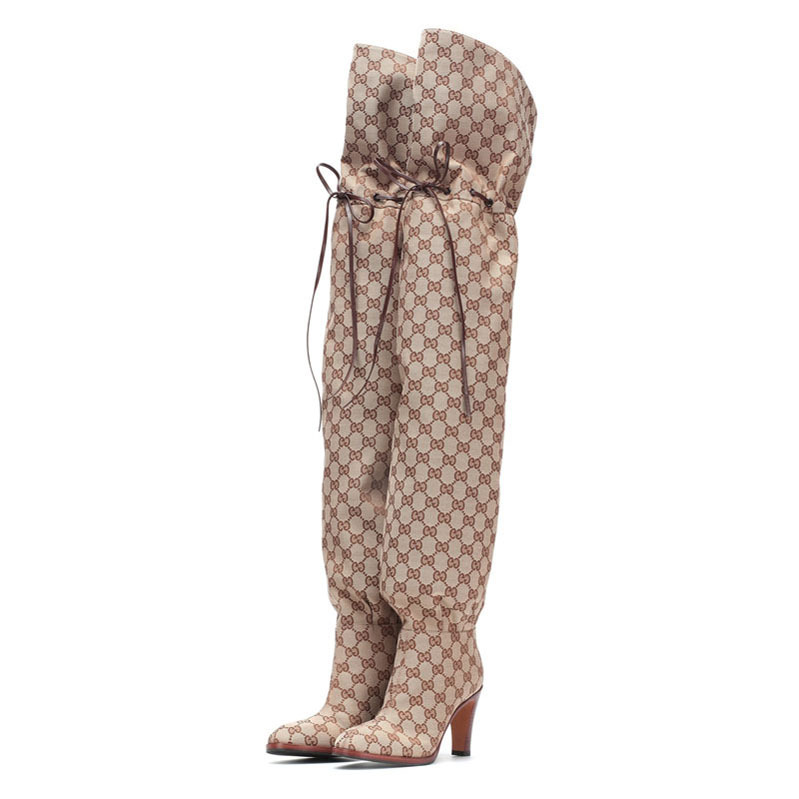 Printed ladies high-heeled over-the-knee boots winter catwalk personality women's boots large size adjustable lace-up shoes