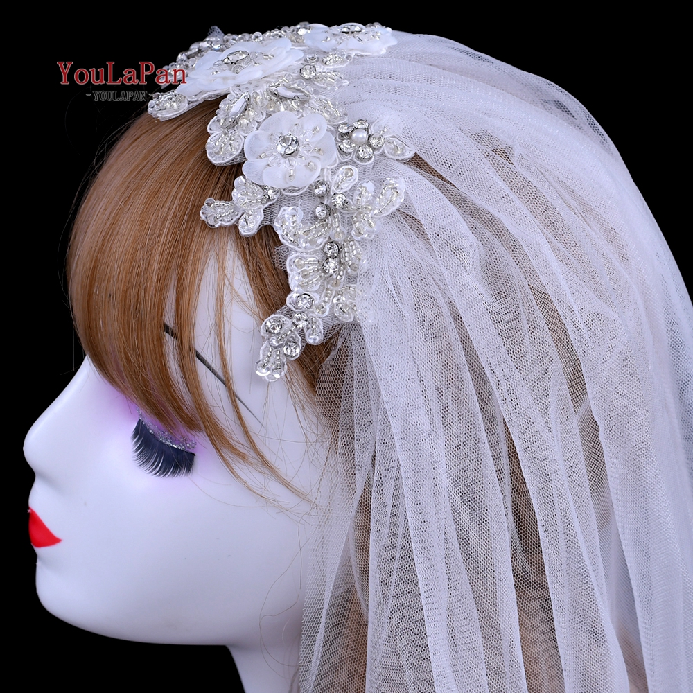 YouLaPan VS358 Hot Sale Double Veil Plus Pearl Rhinestone Decoration Handmade Lace Flower Trim Wedding Veil