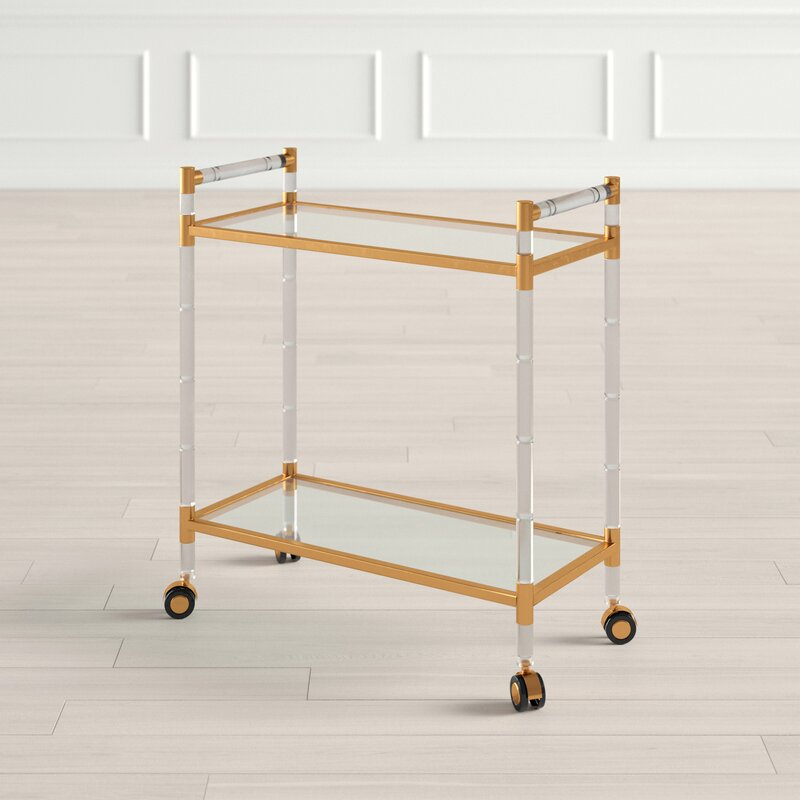 Factory Newest Hot sells Clear Acrylic Rolling Cart With Gold Metal Frame with Wheel Assembly
