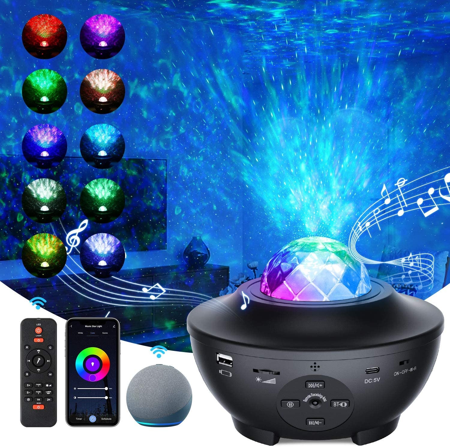Smart WIFI Music Night Lamp App Control Galaxy Projector, Ocean Wave 10 Modes Star Light Works with Alexa Google Assistant