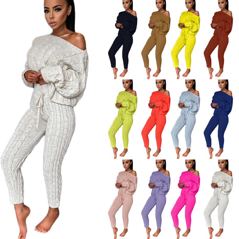 Hot sale design solid color Autumn women clothing 2 piece set women Sweater suit