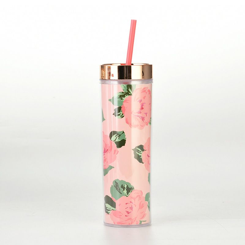 Pink flower printing Double wall bpa free custom plastic water bottles plastic tumbler with straw and lid