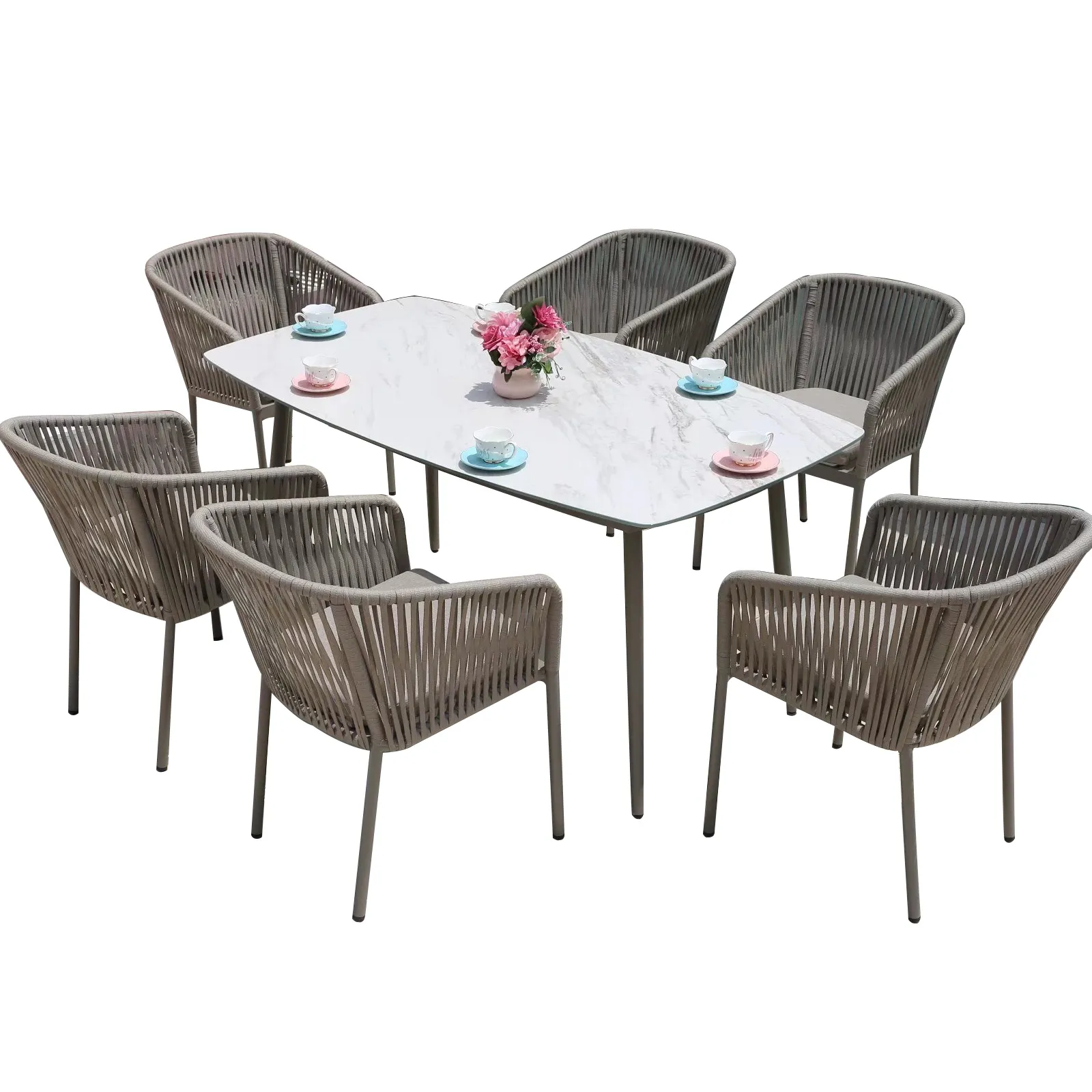 Factory direct supply 7-piece wicker chair glass table outdoor furniture garden set