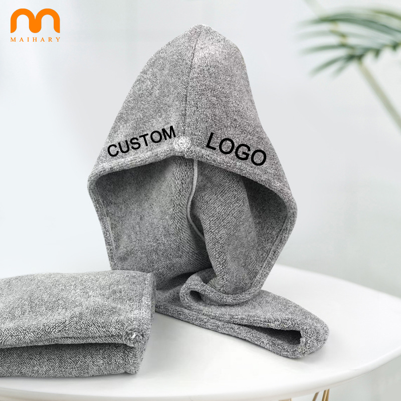 Hot Selling Hair Drying Bamboo Plain Towel Wrap Customized Private Logo Grey Shower Turban Hair Cap
