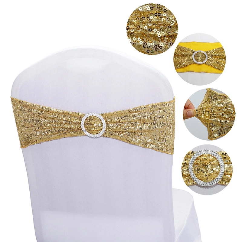 Cheap Hotel Wedding Banquet Party Bows Chair Sparkle Bands Spandex Stretch Chair Sashes with Buckle