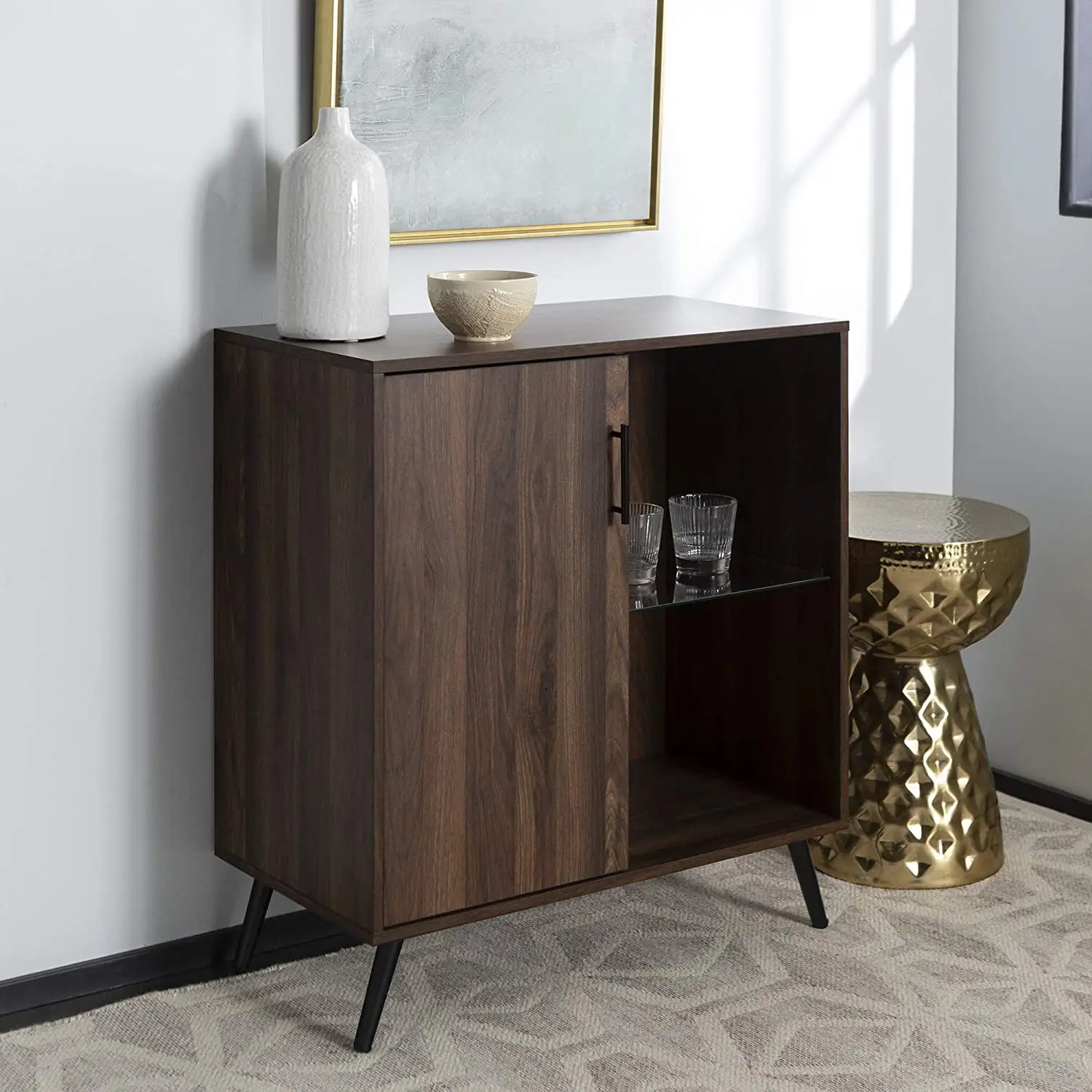 Walnut Panel Wood Furniture Glass Shelf Wine Corner Cabinet Bar For Living Room