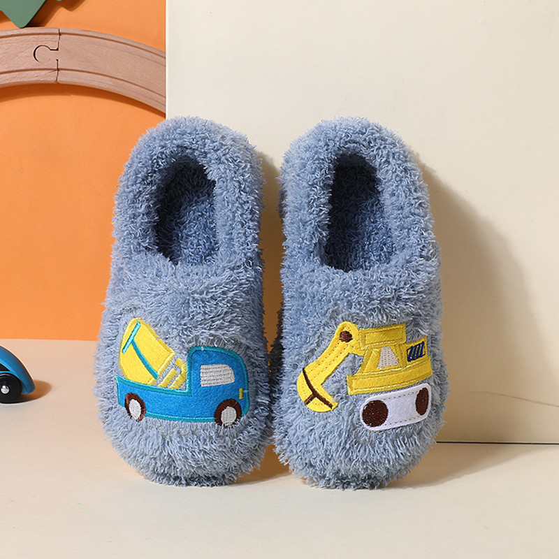 Excavator cotton warm slippers boys home indoor antiskid soft bottom cartoon truck children's wool plush shoes