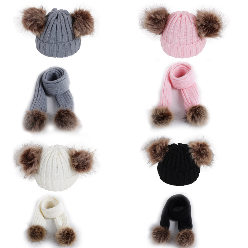 Шарфы для женщин зима Gorro, защищающая малыша от солнца и искусственный мех енота шапка с натуральным мехом Pom Дети вязать шапочки детская вязаная шапочка для малышей трикотажные шляп и шарфов для девушек, комплект из 2 предметов