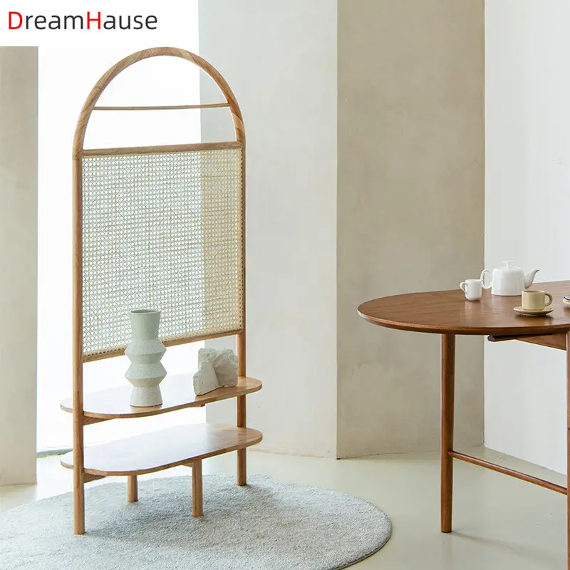 Dreamhause Nordic Fashion Decorative Floor Screen Living Room Handmade Solid Wood Rattan Divider Screen Seat Screen