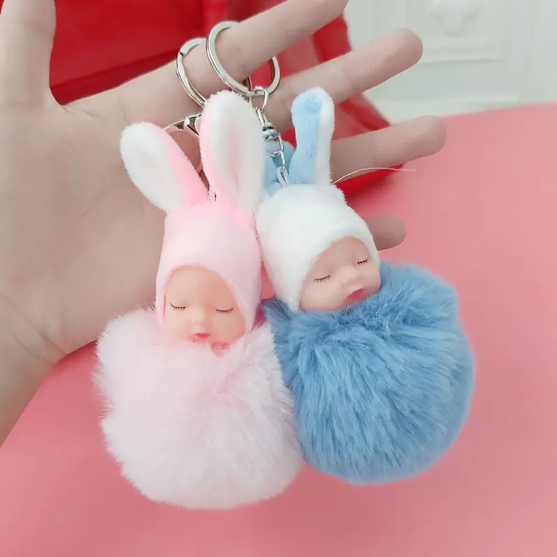 Adorable lovely baby rabbit fur hair doll plush Sleep bag car pendant pom pom cute keychain Fox Fur Ball Keychain