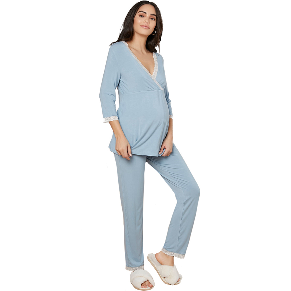 2021 new design Maternity Nursing Pajama Surplice Neck Lace Edge Top Pants Pajama Sets