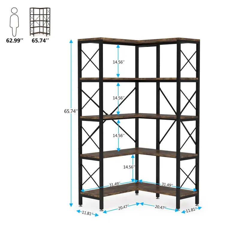 Elegant And Rustic Industrial Corner Bookcase Super Large Storage Features 10 Clean-lined Open Shelves 5-shelf Bookcase