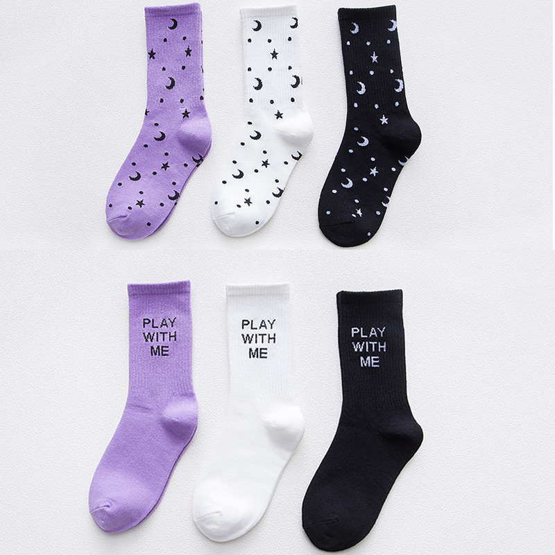 Women's Socks Letter Star Moon Cotton Medium Tube Women's Socks Fashion Purple Pile Socks