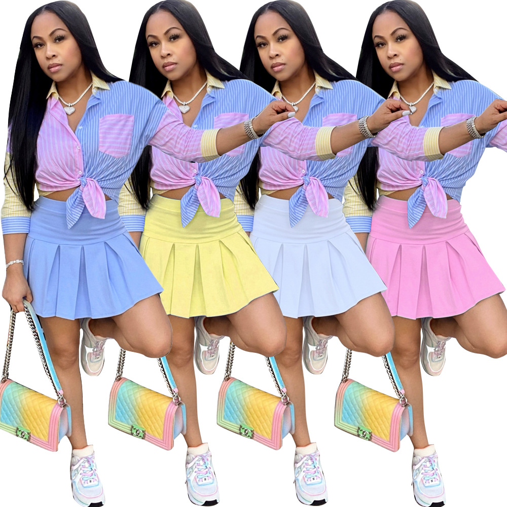 Cotton Women Three Quarter Sleeve Shirt Women 2 Pieces Skirt Set Sport Wrinkle Skirt Outfits