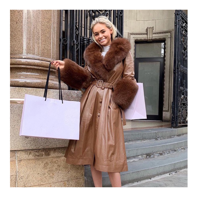 Windproof Genuine Leather Trench Coat Women Long Leather Jacket With Fox Fur Collar Cuffs