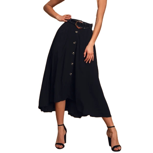Summer Flow Black Belted High-Low Midi Skirt For Ladies