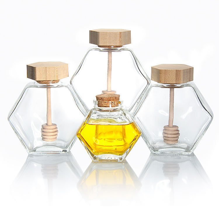 100ml 220Ml 380Ml Honey Pot Glass Honey Hexagon Jar With Dipper