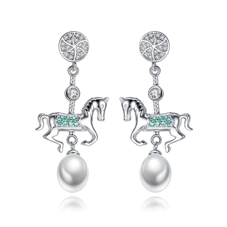 Salable Carousel cubic zirconia jewelry S925 Sterling Silver freshwater pear cute animal earring for women