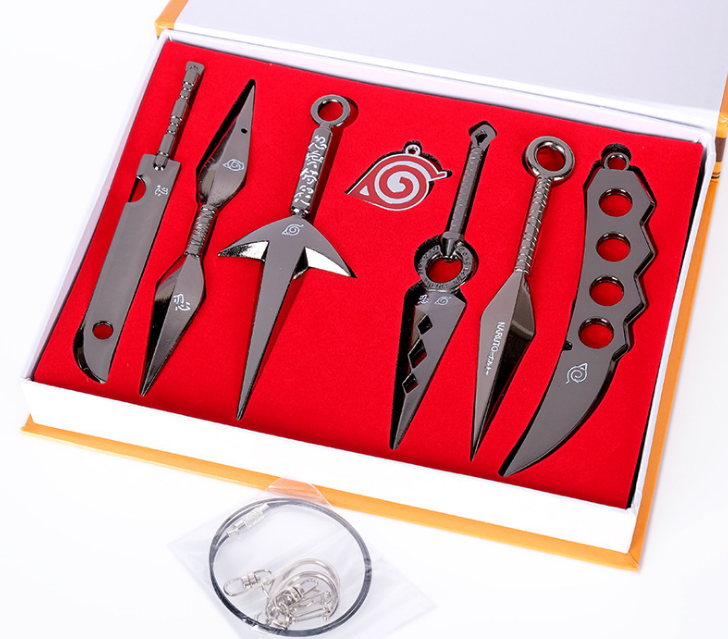 Хит продаж; Оптовая продажа; С рисунком из аниме «Наруто» для костюмированной вечеринки оружия колье, металл, кунай Подарочная коробка, без острых краев-ниндзя игрушечный Брелок 7 шт./компл.