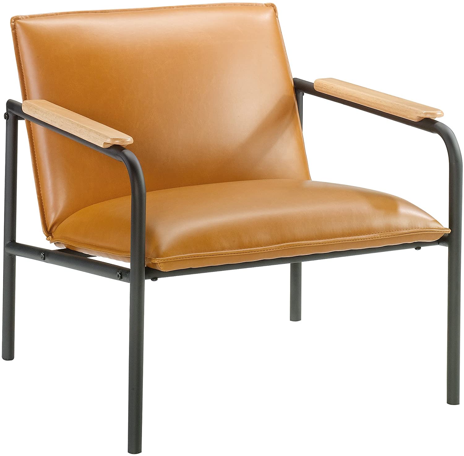 Leathery seats and back lounges, armchairs with wooden hats and leisure chairs with black metal frames