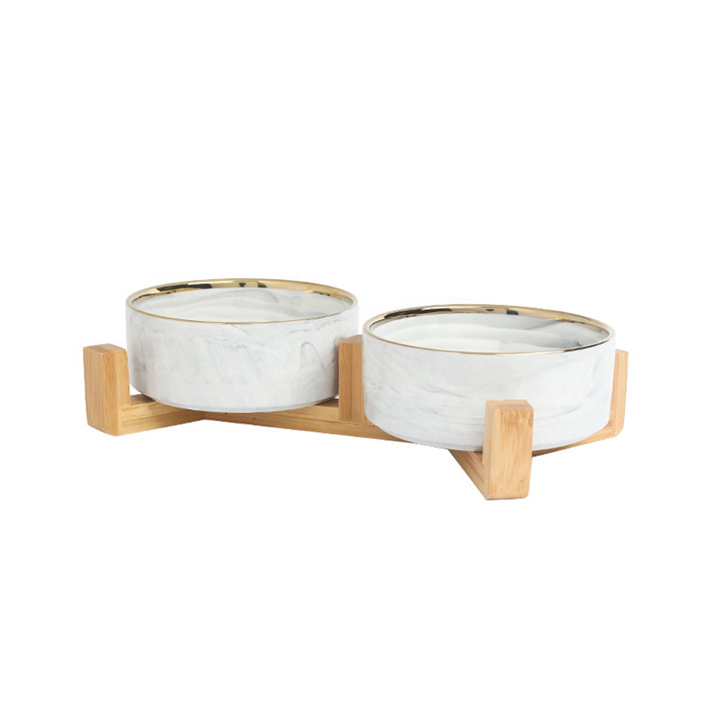 LIHONG Japan Style White Custom Elevated Stand Cat Bowl Marble Ceramic Pet Dog Feeder