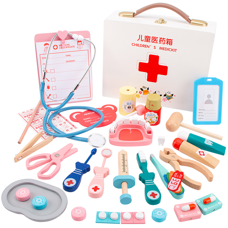 Wooden Funny Pretend Play Cosplay Doctor Game Toy Dentist Medicine Box Toys For Kids