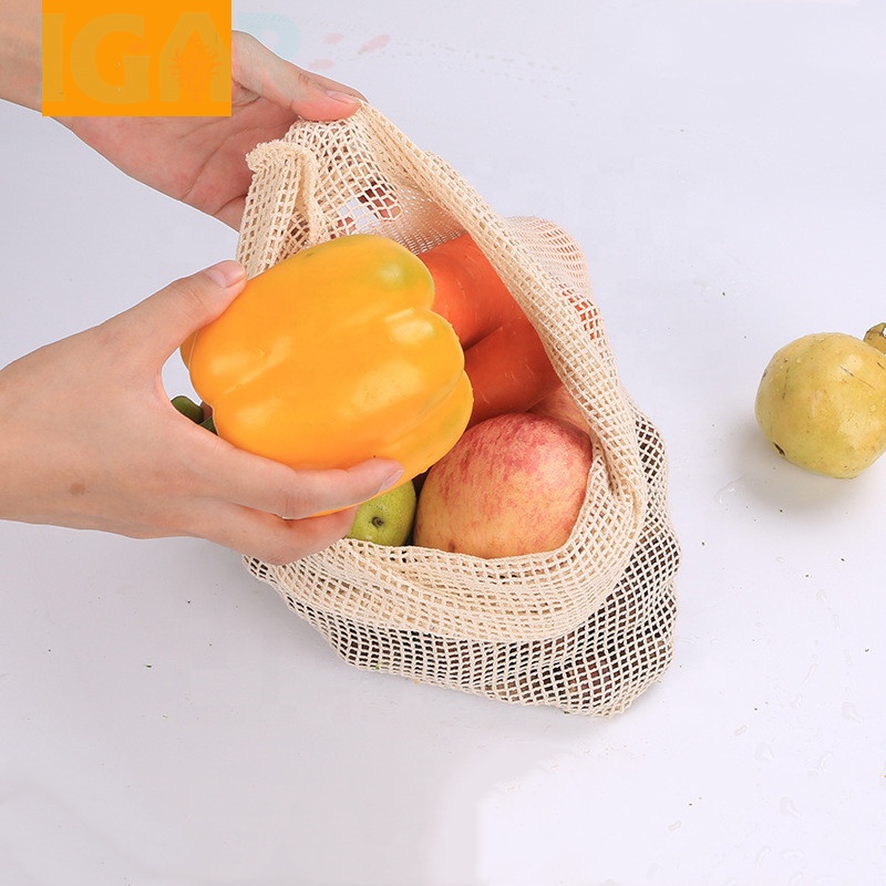 LARGE GRID Reusable Produce Bags Organic Cotton Vegetable Bags Mesh Cotton Veggie Bags Fresh Bags Set (S,M, L)43x28cm