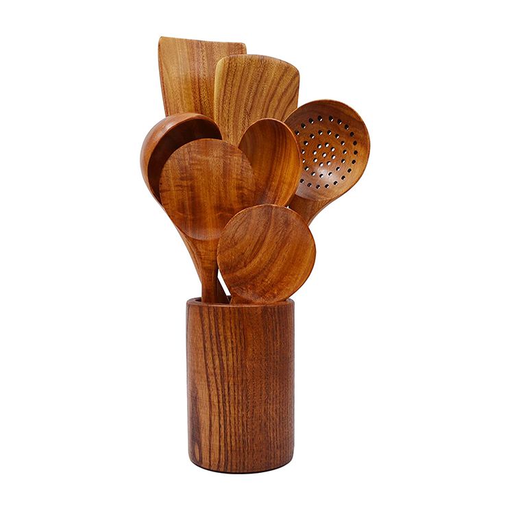 8 Pcs Natural Teak Kitchen Cooking Utensil Wooden Spoon Spatula Set