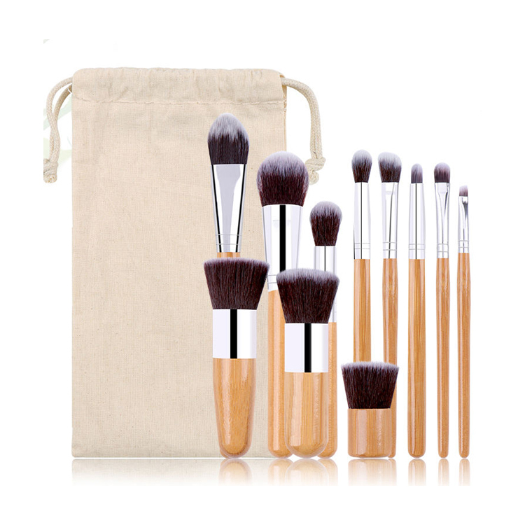 Wholesale Brochas De Maquillaje Bambu Kabuki Premium Brush 11pcs Cosmetic Bamboo Handle Makeup Fan Brushes Set Custom Logo